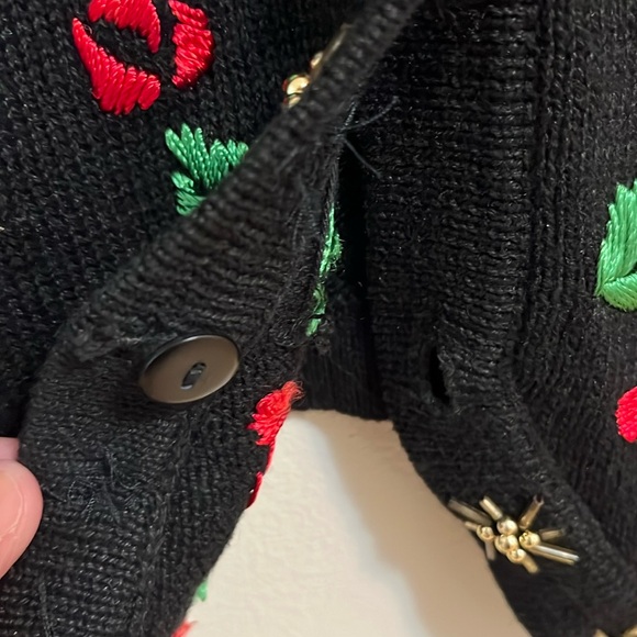 Arriviste cardigan knit vest small black ugly Christmas sweater poinsettias - Picture 7 of 10